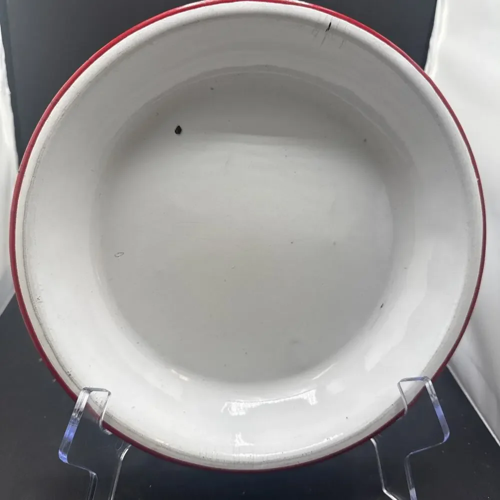 Vintage White Red Rim Enamelware Dinner Plate Farmhouse Camp Rustic 9.25 Inches